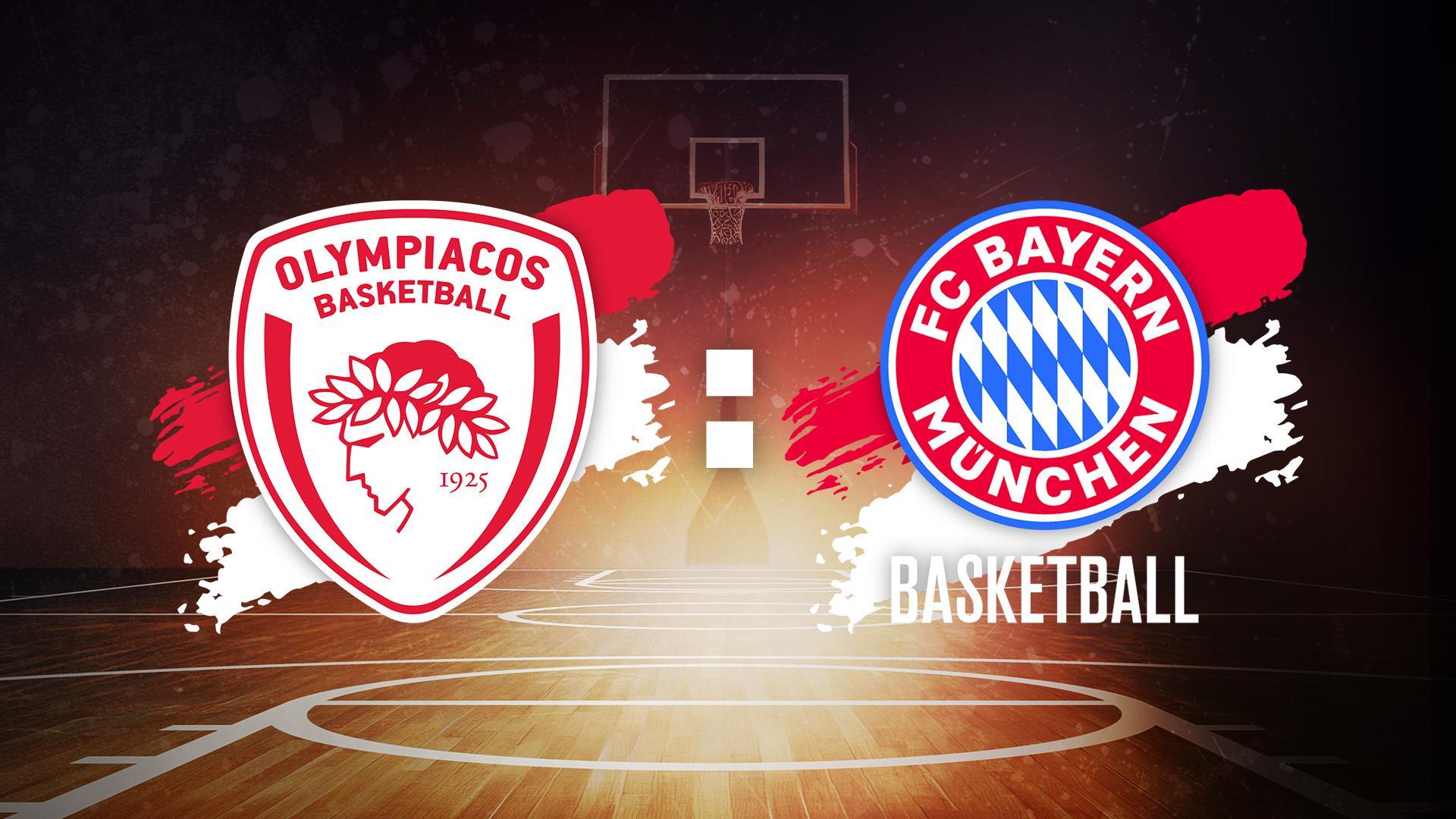 Werbegrafik mit Logos von Olympiakos Piräus und des FC Bayern München auf einer Webegrafik.